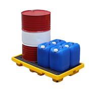 Paleta modular de derrames con bolsillos de drenaje y acceso a carretilla elevadora, bandeja de contención impermeable para gestión industrial de derrames y seguridad ambiental