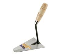 Paleta soldada 155x115 mm con mango de madera, ideal para trabajos de albañilería y mezcla de materiales.