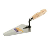 Paleta soldada 200x110 mm con mango de madera, ideal para trabajos de albañilería y colocación de materiales.