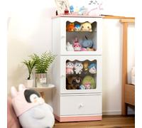 パレットライフ PaletteLife - Vitrina de 3 niveles con puertas de cristal, tipo caja, rosa y blanco, estante ajustable para figuras, peluches y coleccionables, a prueba de polvo, cajón, ruedas