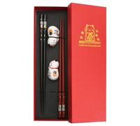 Palillos de Madera para Sushi con Base de Cerámica, Juego de Palillos de Madera Sostenibles Japoneses, Comer Comida Japonesa con Palillos de Madera, Juego de Palillos Japoneses con Diseño de Gato