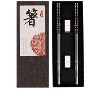 Palillos de metal reutilizables de acero inoxidable chapado en titanio con soporte, apto para lavavajillas, antideslizante, estilo japonés, 2 pares de juego de regalo (plata negra)