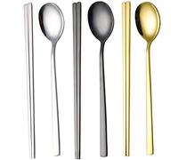 Palillos y cuchara coreanos reutilizables, juego de palillos y cucharas multicolores (plata + oro + negro), mango largo cuadrado palillos y cuchara, juego de 3