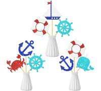 Palitos de centro de mesa de fiesta temática náutica, 12 piezas, decoraciones con purpurina con diseños de velero, ancla, ballena, cangrejo