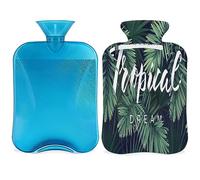 Palm Leave - Bolsa de agua caliente tropical con funda esponjosa de 2 l, botella tropical de gran capacidad, bolsa de agua para noches acogedoras, alivio del dolor, espalda, cuello y hombros