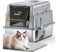 PalNests Arenero Gato Acero Inoxidable, XXL Caja Bandeja de Arena para Gatos con Tapa Abatible de 105°, Metal Extraíble Litter Box con Tapete, Caja de Arena de Lados Altos con Desodorante para Arena