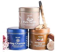 Palo Santo, Nag Champa, Sandalwood Oud - Velas de soja no tóxicas - Altamente perfumadas de larga duración con aceites esenciales - Paquete variado de 3 unidades de 5 onzas - para el hogar,