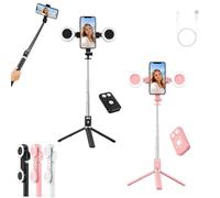 Palo selfie 6 en 1 con luz de relleno, trípode con control remoto, 6 en 1 inalámbricos Bluetooth para iPhone, Samsung Android, rosa y negro