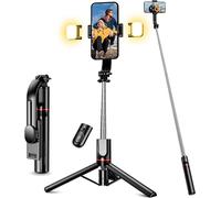 Palo selfie con trípode con dos luces de 115 cm de largo y mando a distancia, compatible con iPhone, Samsung, etc.