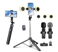 Palo selfie de 180 cm con 2 luces y micrófono, trípode para teléfono móvil, kit de vlogging para iPhone/Android, trípode para smartphone, equipo de creador de contenidos