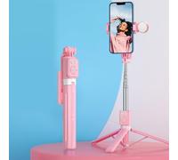 Palo selfie rosa, imprescindible para niñas, antivibración, retráctil de 110 cm, con una luz de relleno de belleza (desmontable), y viene con un mando a distancia Bluetooth (rosa, modelo de lámpara