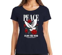 Paloma blanca de la paz rosas rojas flores amor camiseta de las señoras, azul marino, S