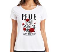 Paloma blanca de la paz rosas rojas flores amor camiseta de las señoras, Blanco, L