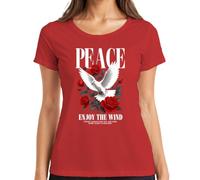 Paloma blanca de la paz rosas rojas flores amor camiseta de las señoras, rojo, XXL