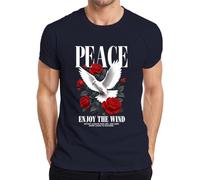 Paloma de la paz blanca rosas rojas flores amor camiseta de los hombres, azul marino, M