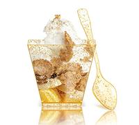 PALUDO 100 Piezas Mini Tazas de Postre con Cucharas, 60 ml Vasos de Postre de Plástico con Brillo Dorado Reutilizables, Copas de Postre Transparentes Cuadrados para Mousse Helado Pudín