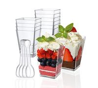 PALUDO 50 Piezas Mini Tazas de Postre con Cucharas - 150 ml Vasos de Postre de Plástico Reutilizables - Copas de Postre Transparentes Cuadrados - para Mousse Helado Pudín Postre Tiramisú - B