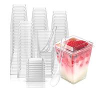 PALUDO 50 Piezas Mini Tazas de Postre con Tapas y Cucharas, 150 ml Vasos de Postre de Plástico Reutilizables, Copas de Postre Transparentes para Pudín Mousse Bodas Fiestas