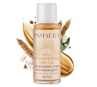 Pamaura Shimmering Dry Oil - Aceite corporal brillante con brillo dorado, aceite de argán, cacao y germen de trigo, para todos los tipos de piel