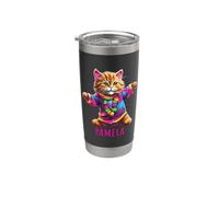 Pamela - Colorido diseño de gato bailarín para niñas con nombre Pamela Vaso térmico de acero inoxidable de doble pared