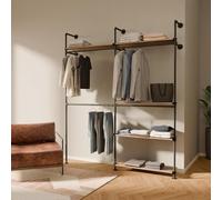pamo perchero de pared con estante de roble 201 x 222 cm - Barra industrial negra de tubos metálicos, armario abierto compacto para ropa