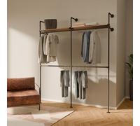 pamo perchero de pared con estante de roble 201 x 222 cm - Barra industrial negra de tubos metálicos, armario abierto compacto para ropa