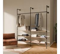 pamo perchero de pared con estante de roble 201 x 222 cm - Barra industrial negra de tubos metálicos, armario abierto compacto para ropa