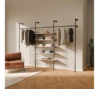 pamo perchero de pared con estante de roble 296 x 222 cm - Barra industrial negra de tubos metálicos, armario abierto compacto para ropa