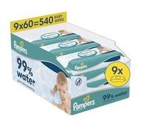 Pampers 99% Water Baby Toallitas, 9 paquetes de 60 toallitas húmedas = 540 toallitas húmedas para bebé, loción ligera con 99% de agua