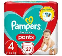 Pampers Baby-Dry Pants - Pantalones para bebé (talla 4, 27 unidades, 9-15 kg, con bolsillo protector y parada
