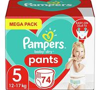 Pampers Baby-Dry Pants talla 5, 74 pañales, fácil y divertido cambio diurno y protección nocturna, 12-17 kg