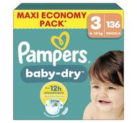 Pampers Baby-Dry Tamaño 3, 136 capas, 6 kg-10 kg, una noche cómoda hasta el 100% sin fugas