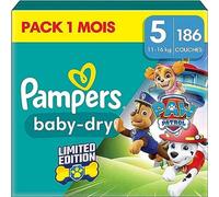 Pampers Baby-Dry, Tamaño 5, 186 Capas, 11-16kg, Rescate contra las fugas gracias a una protección integral de hasta 12 horas, edición limitada con la patrulla, paquete de 1 mes