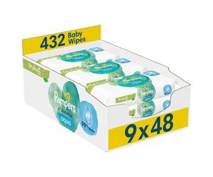 Pampers Harmonie Aqua Toallitas húmedas 9 paquetes de 48 toallitas húmedas cada una - 432 toallitas húmedas que ayudan a restaurar el pH natural de la piel, loción ligera con 99% de agua