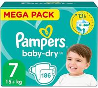 Pampers Pañales Baby-Dry Tamaño 7 (15+ kg), 186 Pañales Bebé, Mega Pack 1 Mes, hasta 12h bien seco y con doble Barrera antifugas, ahora con más pañales