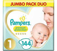 Pampers Pañales de bebé Talla 1 (2-5 kg) Protección Premium, (bebé recién Nacido), 144 Unidades, Paquete Jumbo Duo, artículos Esenciales para recién Nacidos