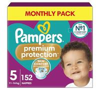 Pampers Pañales de protección premium para bebé, talla 5 (11-16 kg) 152 unidades, paquete de ahorro mensual, comodidad y protección para pieles sensibles