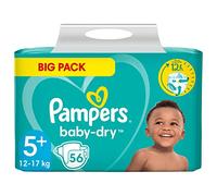 Pampers Pañales para bebé, talla 5+ (12-17 kg), Baby-Dry, Junior Plus, 56 unidades, paquete grande, hasta 12 horas de protección contra fugas