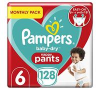 Pampers Pañales para bebé talla 6 (15 + kg/33 libras), Baby Dry, 128 pañales, paquete de ahorro mensual, con un bolsillo para detener y proteger para ayudar a prevenir fugas en la parte posterior