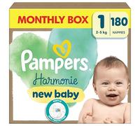 Pampers Pañales para bebé tamaño 1 (2-5 kg) armonía, 0% de compromiso, ingredientes de origen vegetal, hipoalergénicos, 180 pañales para bebés
