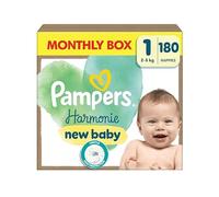 Pampers Pañales para bebé tamaño 1 (2-5 kg) armonía, 0% de compromiso, ingredientes de origen vegetal, hipoalergénicos, 180 pañales para bebés