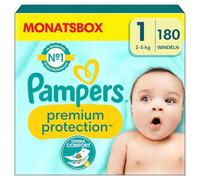 Pampers Pañales para bebé tamaño 1 (2-5 kg) Premium Protection, Newborn, HalBMONATSBOX, la mejor comodidad y protección para pieles sensibles, 180 unidades
