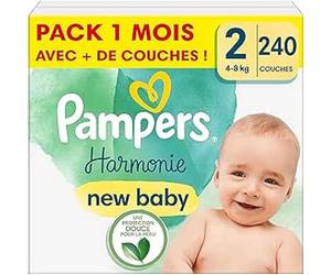 Pampers Pañales para bebé tamaño 2 (4-8 kg) Harmony, caja de semillas, protección suave de la piel e ingredientes a base de plantas, 240 unidades