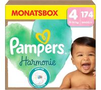 Pampers Pañales para bebé tamaño 4 (9-14 kg) armonía, caja mensual, protección suave de la piel e ingredientes a base de plantas, 174 unidades