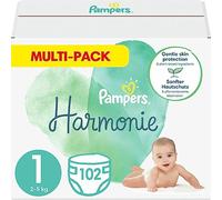 Pampers Pañales talla 1 (2-5 kg), Harmony, 102 pañales para bebés, paquete de 1 mes, 0% de compromiso, 100% de absorción, ingredientes de origen vegetal, hipoalergénicos, el embalaje puede variar