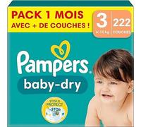 Pampers Pañales tamaño 3 (6 - 10 kg) Baby Dry, Midi y caja de meses, hasta 12 horas de protección total contra fugas, 222 unidades