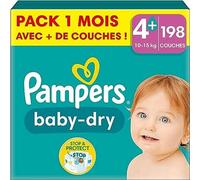 Pampers Pañales tamaño 4+ (10 - 15 kg) Baby Dry, Maxi Plus, caja de meses, hasta 12 horas de protección total contra fugas, 198 unidades