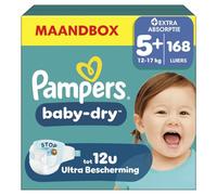 Pampers Pañales tamaño 5+ (12 - 17 kg) Baby Dry, Junior Plus, caja de meses, hasta 12 horas de protección total contra fugas, 168 unidades