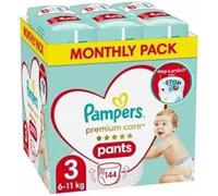 Pampers Pants Pañales Talla 3 (6-11 kg), Premium Care, paquete de 144 unidades, pañales con bolsillo para parada y protección a prueba de fugas en la parte trasera