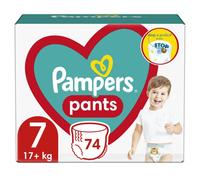 Pampers Pants Pañales, talla 7 (17 kg), paquete de 74 pañales con bolsillo antifugas en la parte trasera